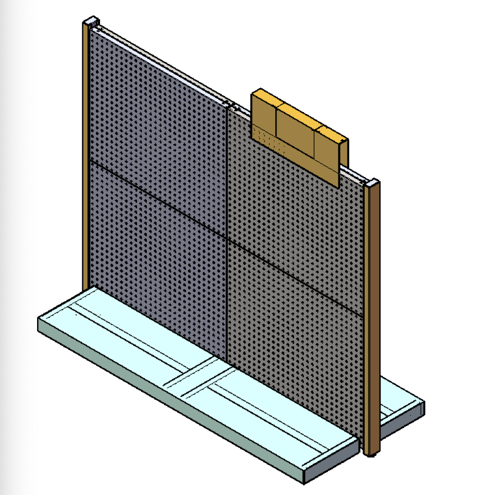3D model of custom metal display rack system highlighting base support and modular perforated panels