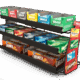 Metal snack display rack with multiple shelves holding various packaged snacks