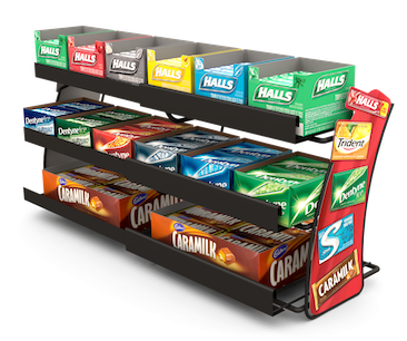 Metal snack display rack with multiple shelves holding various packaged snacks