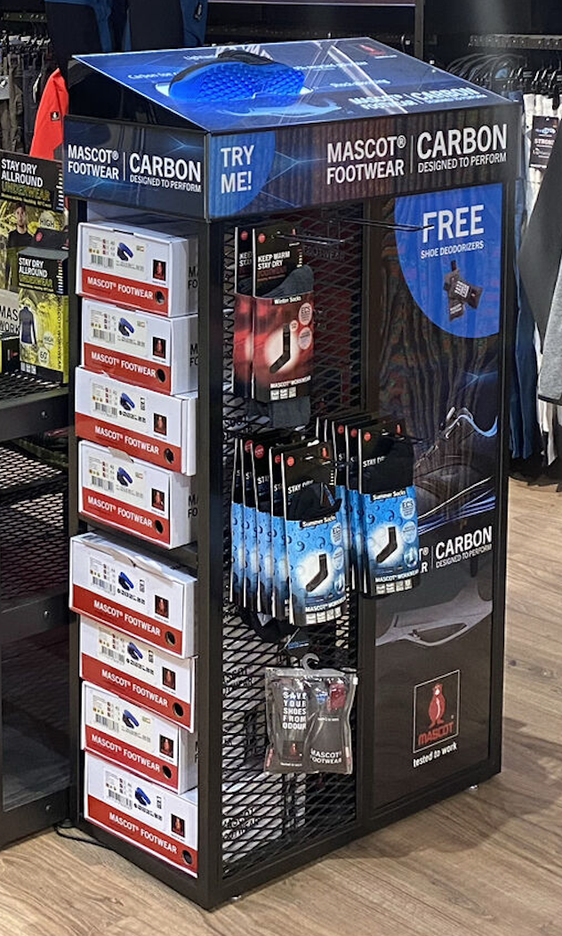 Customized Mascot Footwear store display demonstrating how product functionality reinforces brand identity